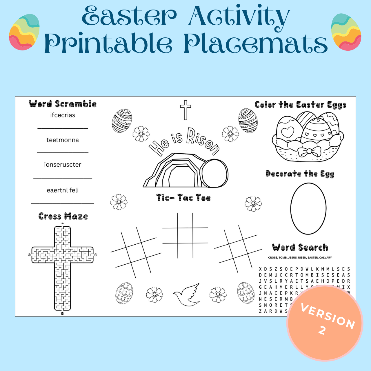Christian Easter Activity Placemat | Easter Placemat Activity Sheet | Christian Easter Kids Activities | 8.5x11 in & 11x17 in