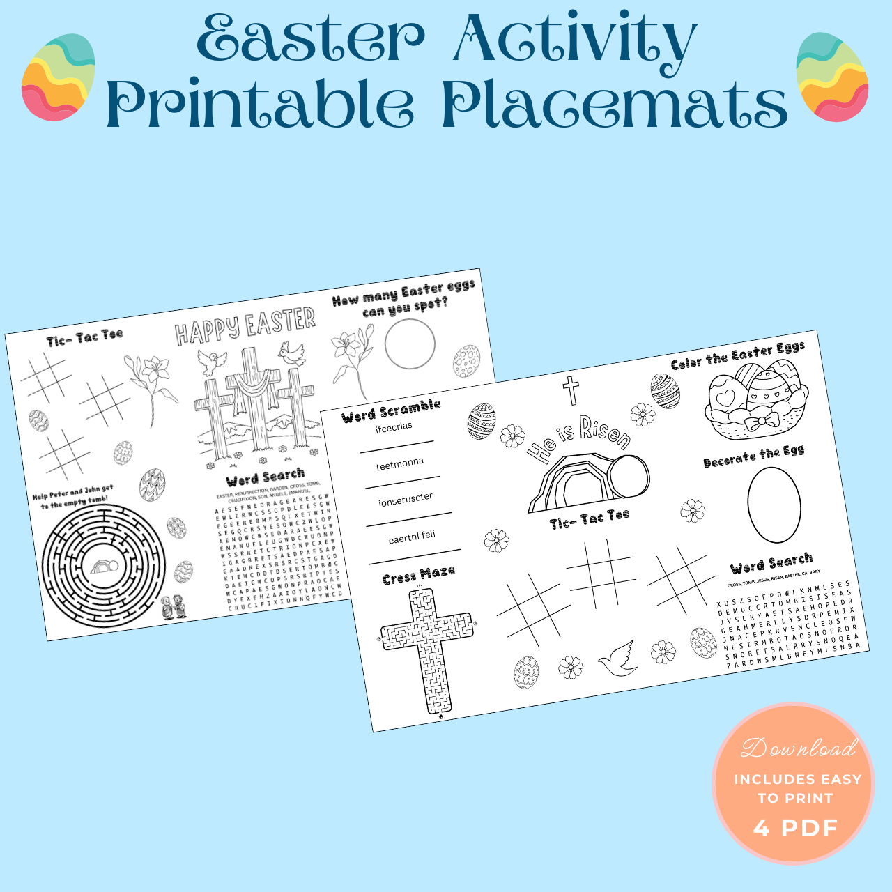 Christian Easter Activity Placemat | Easter Placemat Activity Sheet | Christian Easter Kids Activities | 8.5x11 in & 11x17 in
