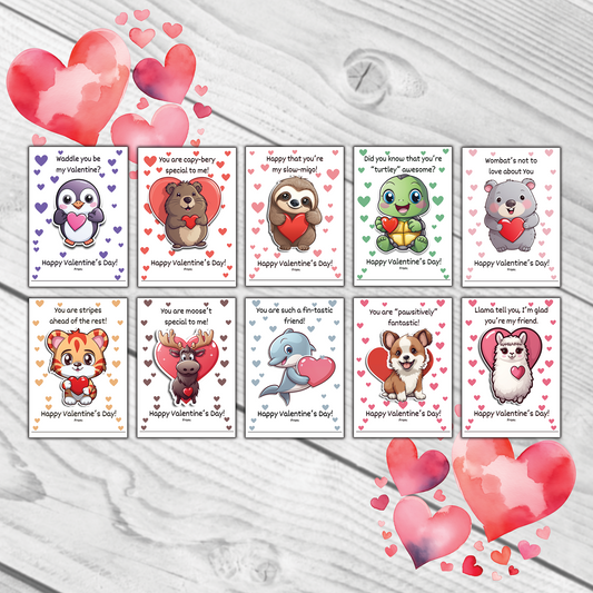Animal Valentine's Day Cards for Kids | Sloth, Penguin, Capybara, Tiger, Dolphin, Llama, Wombat - Printable Valentine - Digital Download