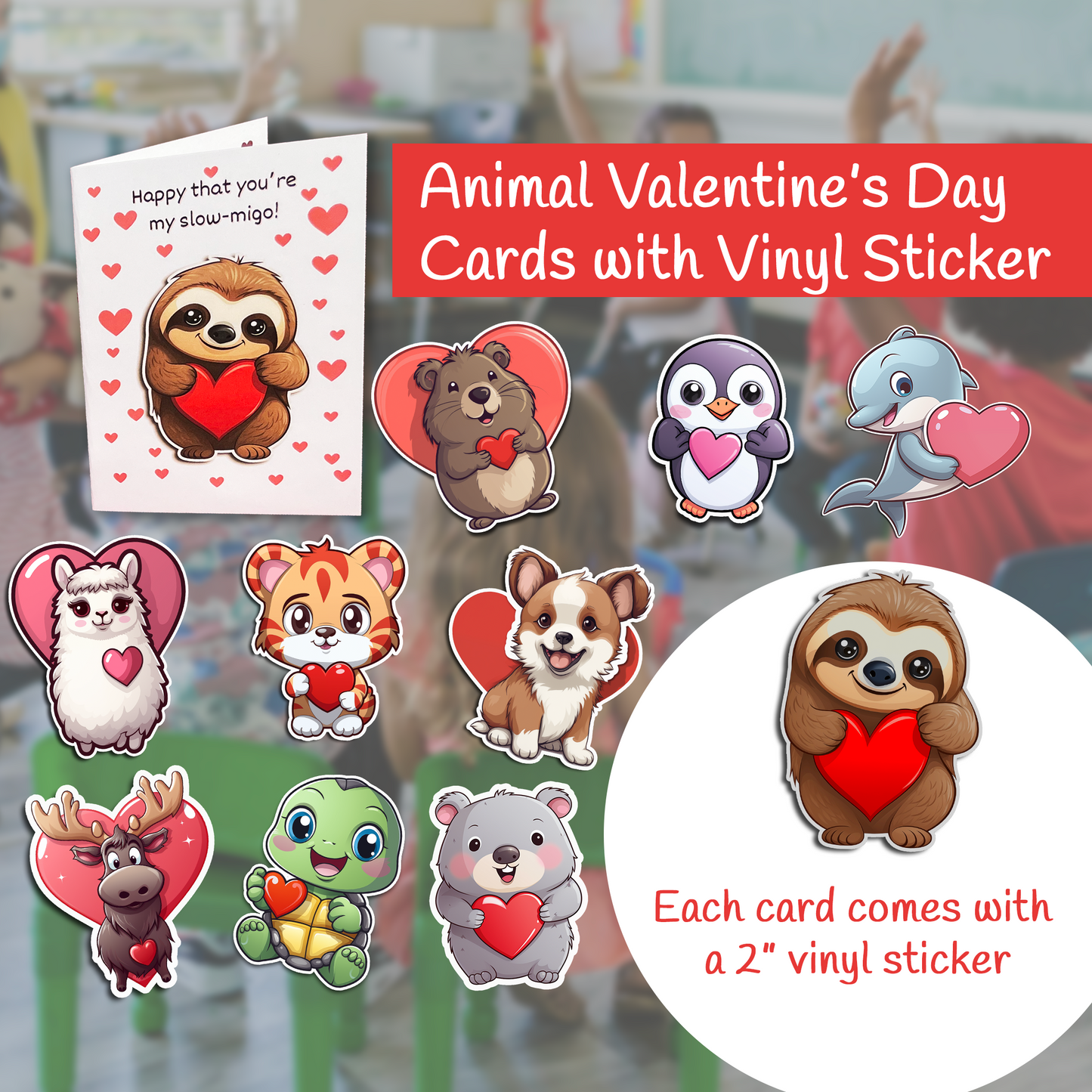 Animal Valentine's Day Cards I Set of 10 Cards with vinyl sticker I Wombat, capybara,llama, penguin, moose, tiger, turtle, sloth, dolphin
