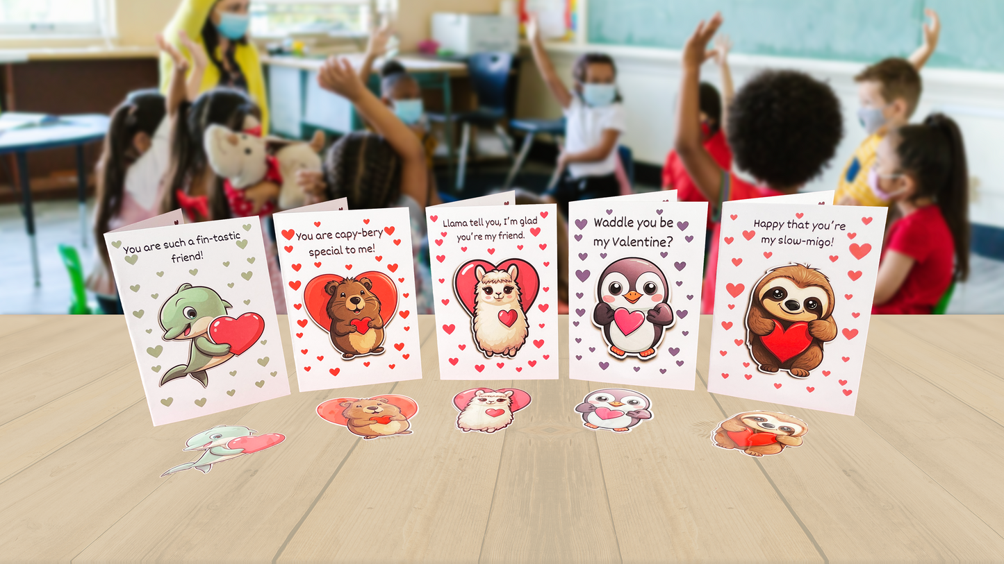 Animal Valentine's Day Cards I Set of 10 Cards with vinyl sticker I Wombat, capybara,llama, penguin, moose, tiger, turtle, sloth, dolphin